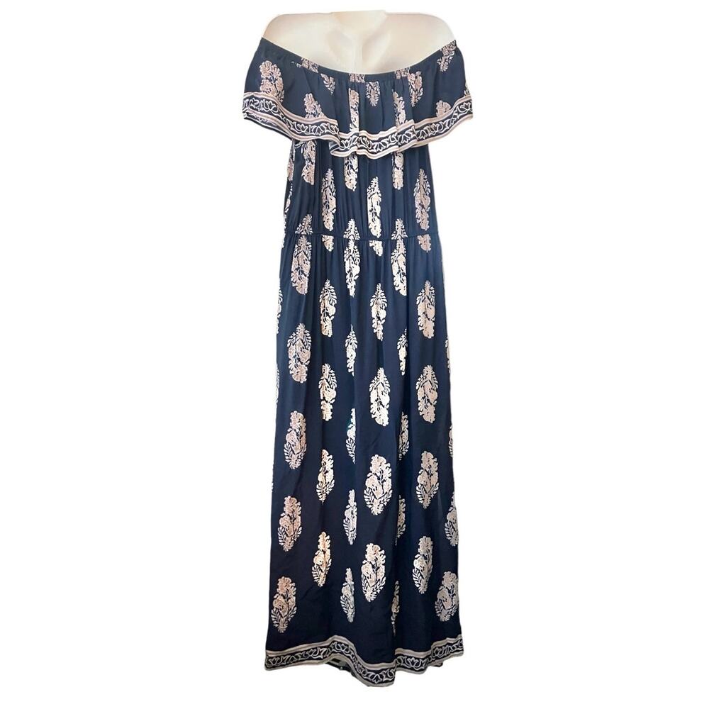 Kori America Women's Navy/Tan/White Floral Off-The-Shoulder Maxi Dress | Size L - Picture 5 of 12